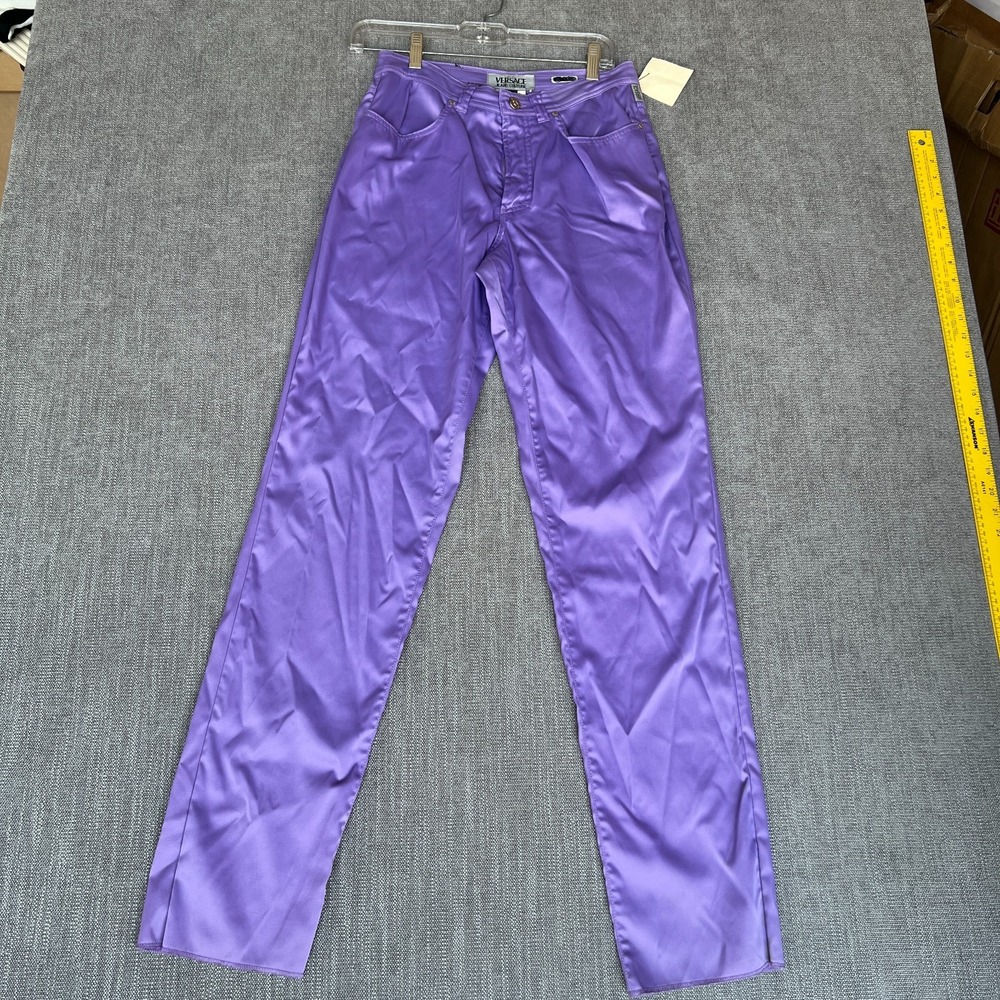 Vtg Versace Jeans Couture Satin Pants Womens 29 Purple Zip Pockets Straight Leg